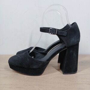 Clarks Heels Womens 7 Black Leather Ankle Strap Block Heel Modern Platforms